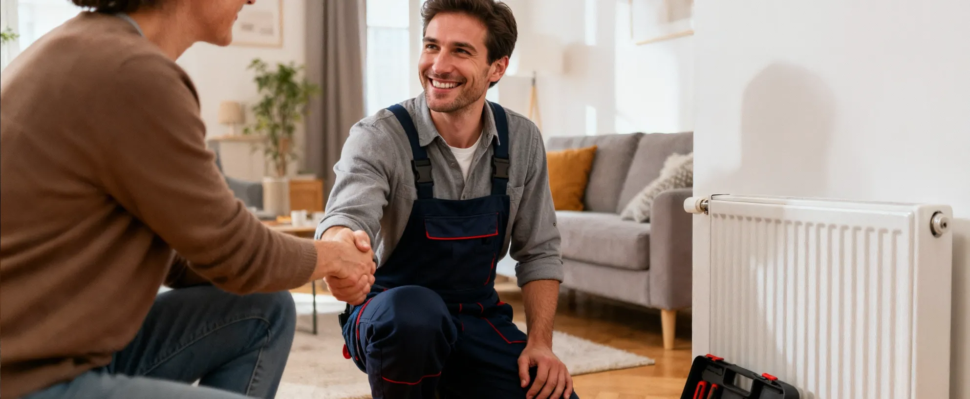 Mieterin und Heizungsinstallateur vor einer Heizung